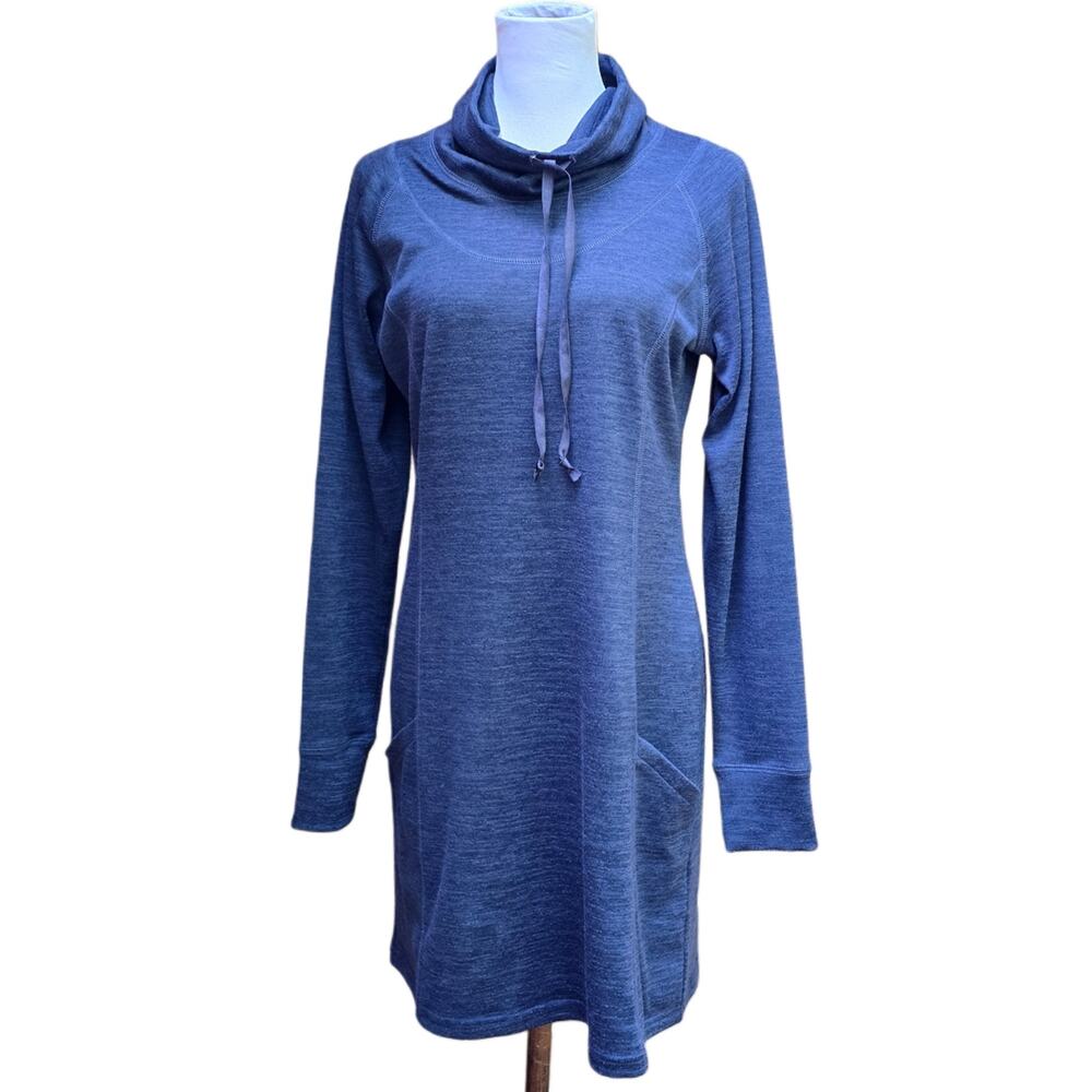 Kuhl Women Size M Lea Cowl Neck Blue Long Sleeve Drawstring Pockets Mini Dress